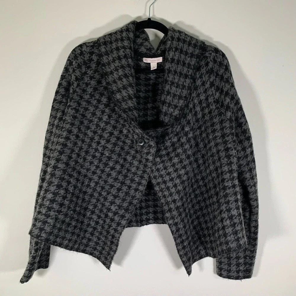 Dress Barn Cardigan Women’s Large Black Grey Wool Blend Houndstooth Print